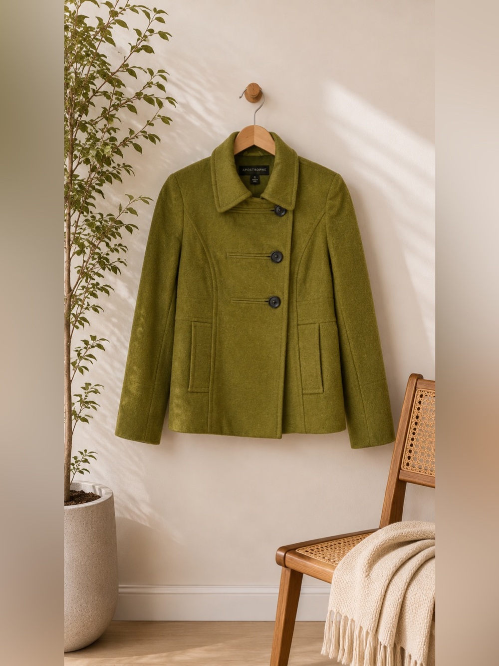 Apostrophe Dark Lime Green Wool Blend Pea Coat Sz S Lined Military Style Edgy‎
